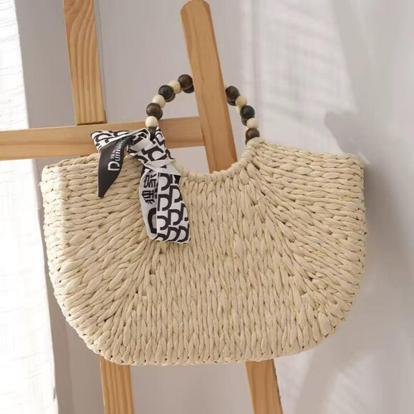 Handmade Woven Straw Bag with Wooden Bead Handles | Vacation Beach Bag | Gift - Picture 4 of 8